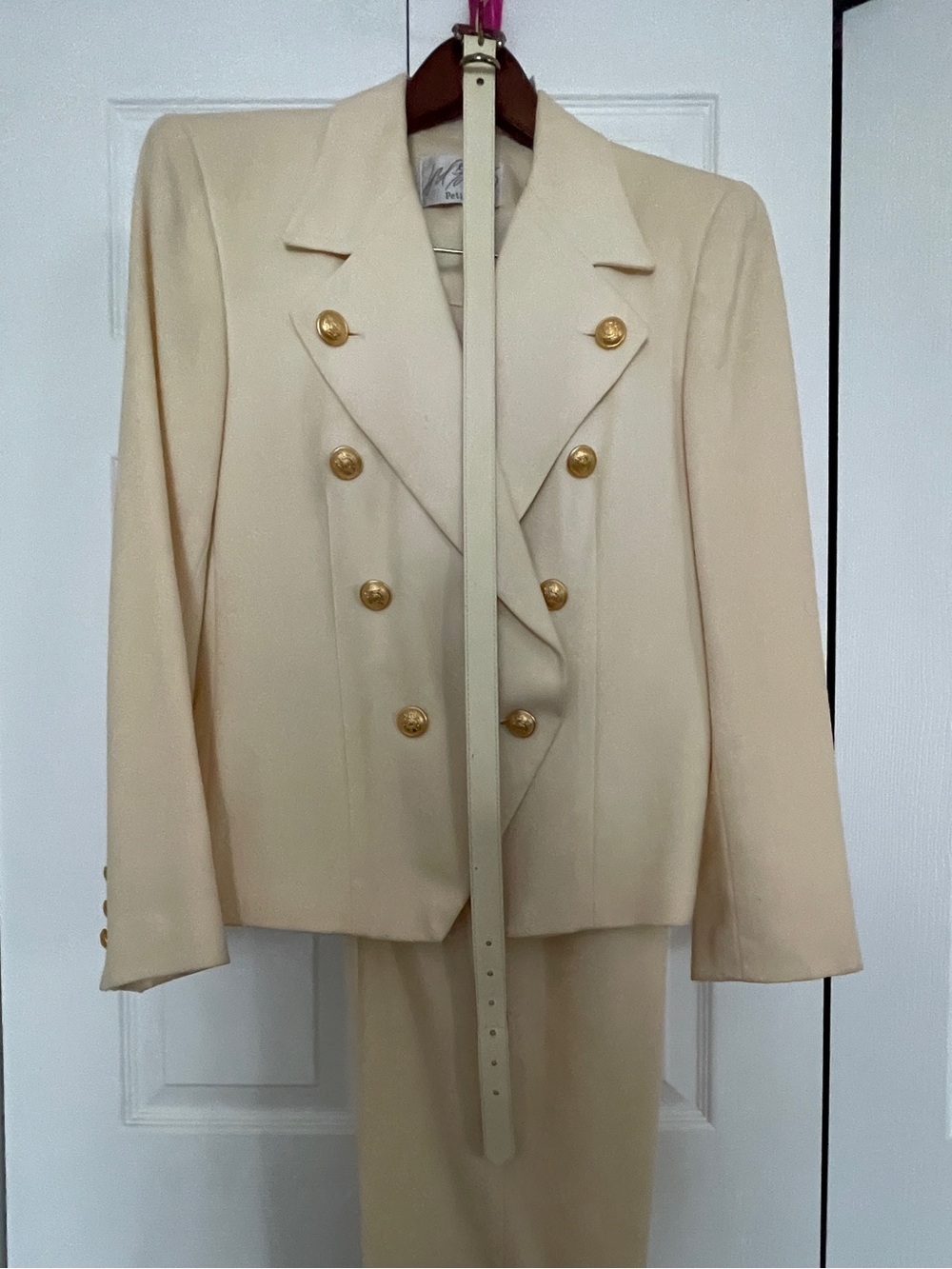 Taylor 100% Wool Pant Suit Cream White Gold Buttons Belt Set 80s 90s